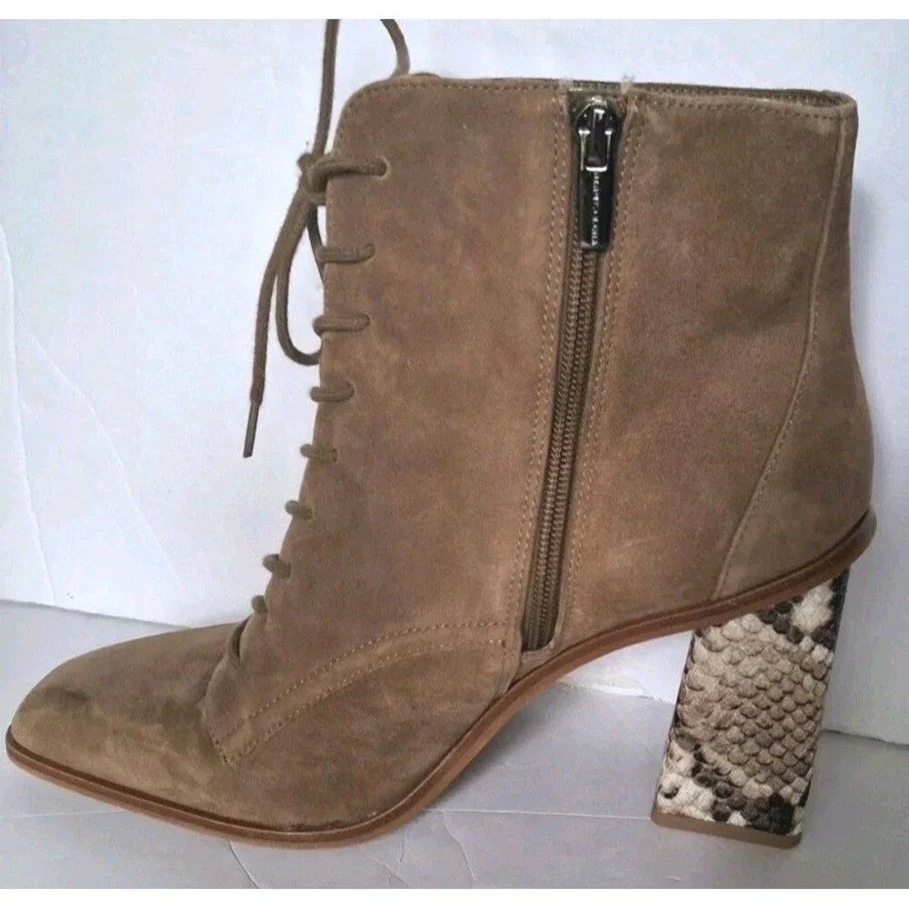 Vince Camuto Dreveri Suede Lace Up Ankle Boots Size 11 Snakeskin Heel Brown